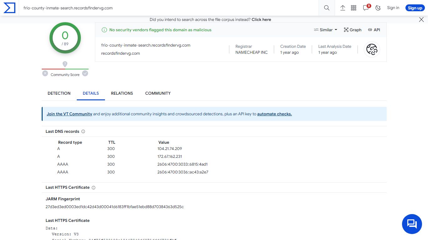 VirusTotal - Domain - frio-county-inmate-search.recordsfindervg.com